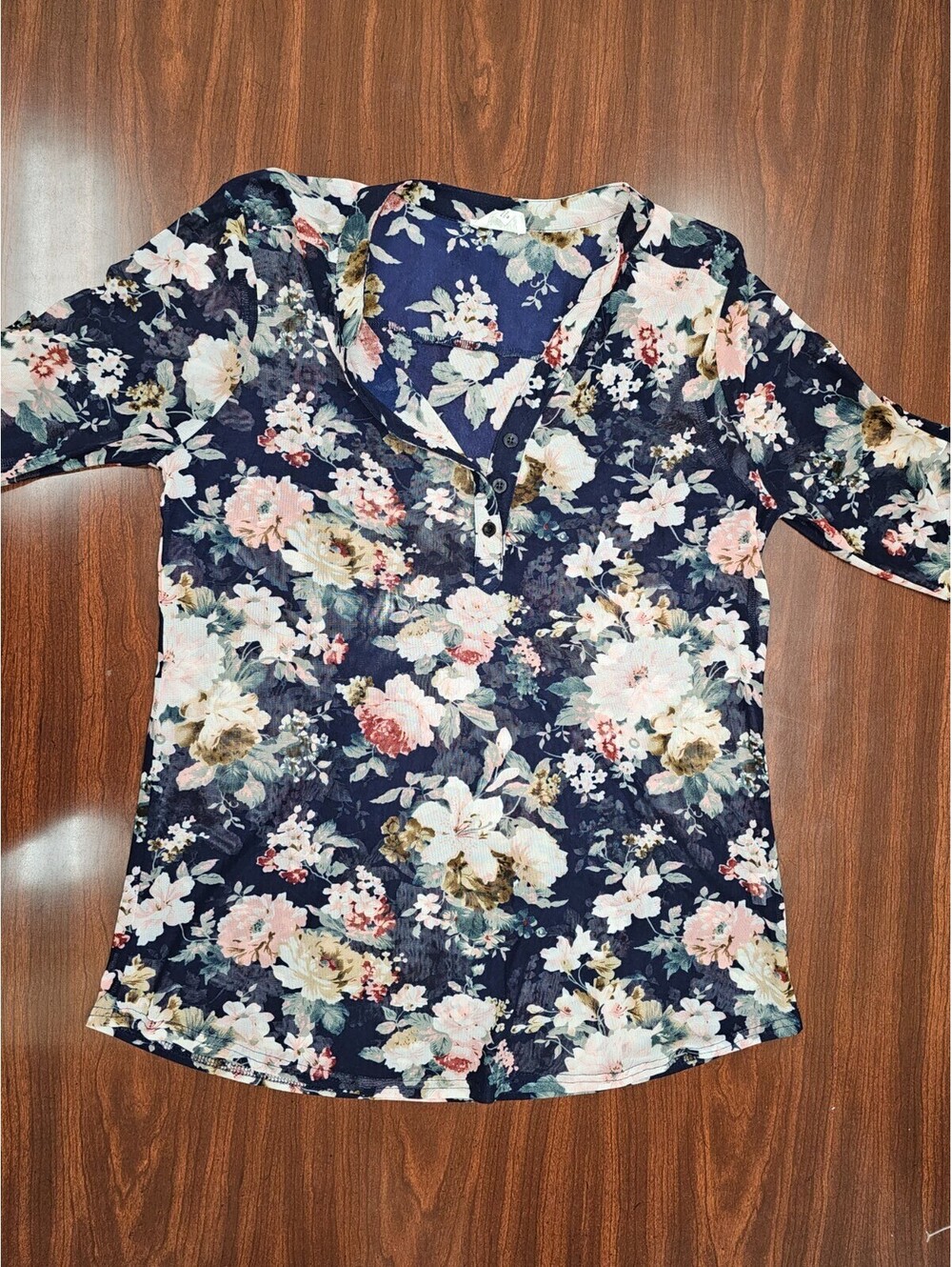 Siren Lily Women's Sheer Floral V-Neck Blouse Navy and Pink Size M Coquette Glam